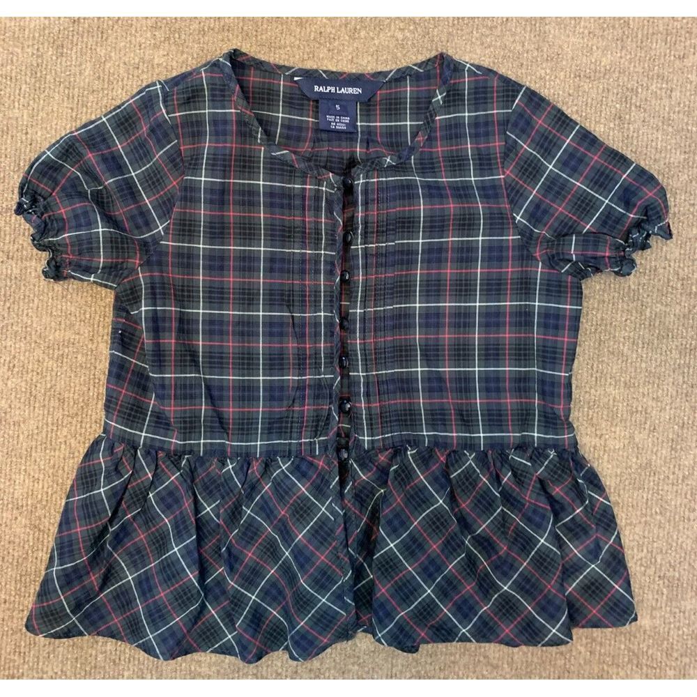 Ralph Lauren Kids Plaid Top Girls 5 Short Sleeve Ruffle Blouse Button Shirt